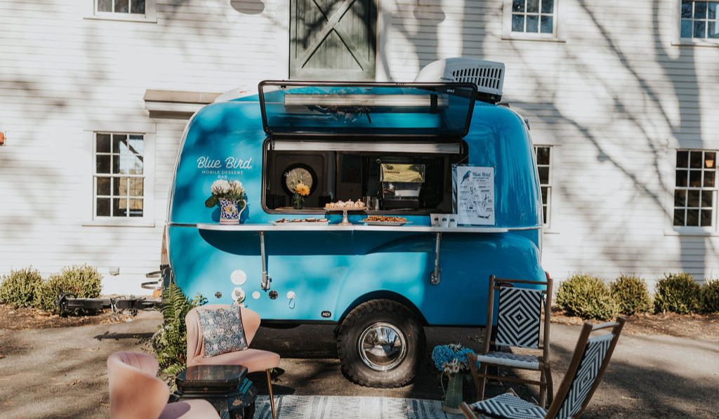 Blue Bird vintage camper bar setup